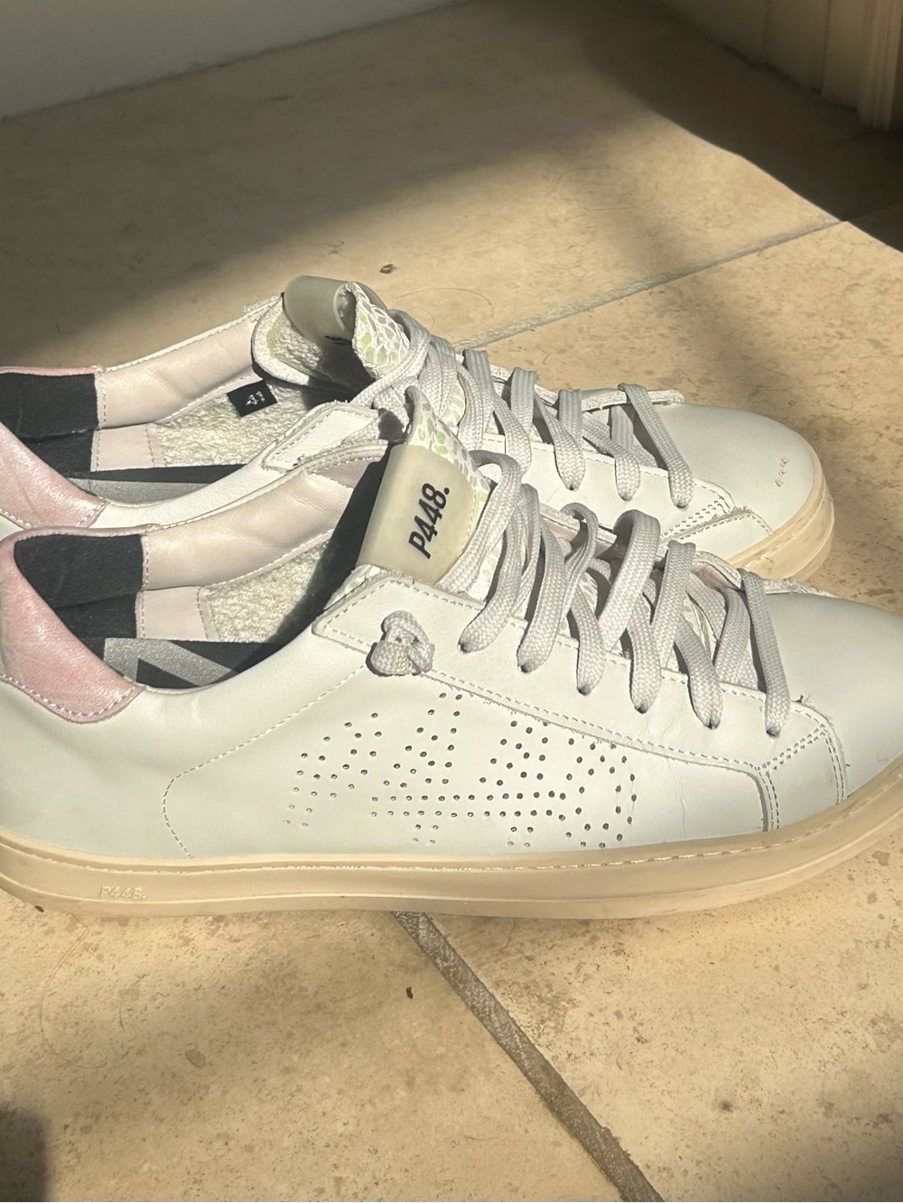 P448 Women's White Leather Sneakers with Pink Heel Tab